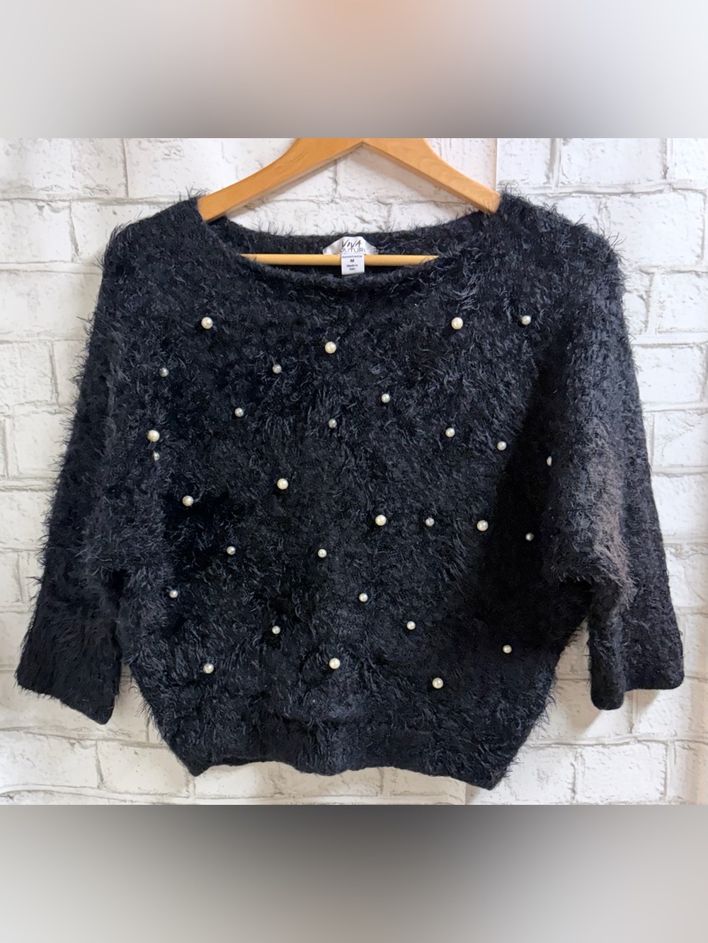 Vivacouture Black Fuzzy Pearl-Embellished Crewneck Sweater